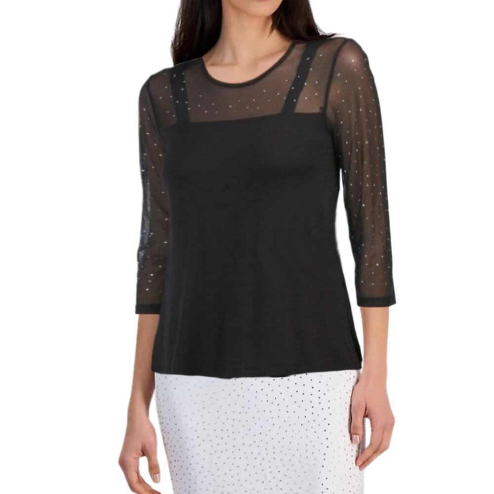 NWT Cable & Gauge Women's Mesh Yoke Rhinestone Hi-low Hem Blouse Top